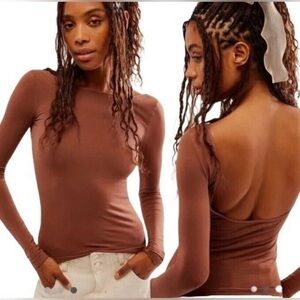 🆕 Free People Intimately Chocolate Brown Stretchy Boat Neck Top size XS/small